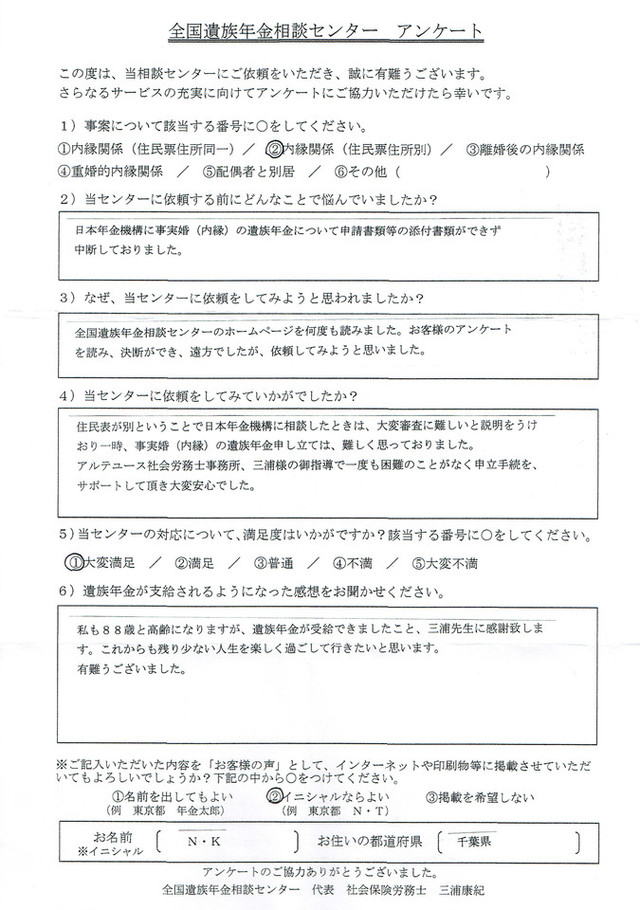 Ｎ・Ｋ様（千葉県）内縁関係（住民票住所別）